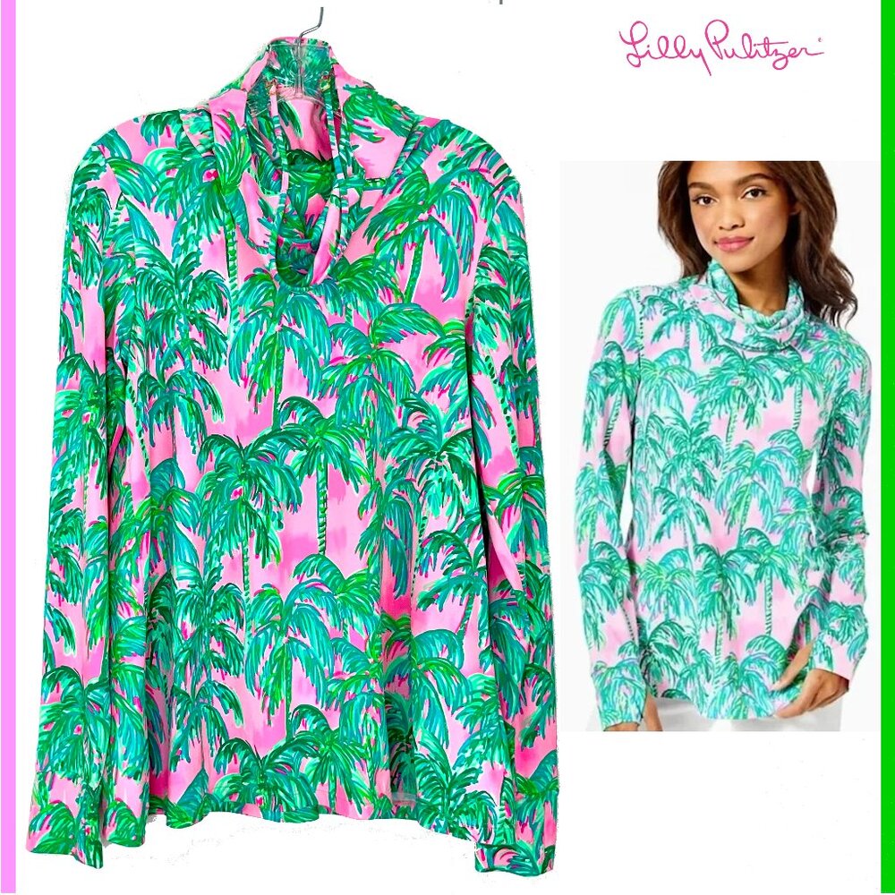 New Lilly Pulitzer Lilshield Palm Tree UPF 50+ Cowlneck Top Sz M - Picture 2 of 16